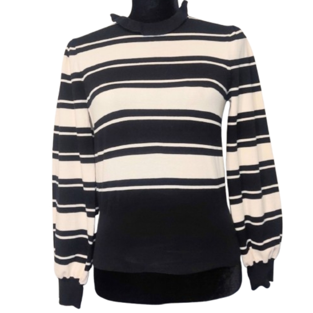 Who What Wear Women's Black & Cream Striped Sweater Puffed Sleeves Size Small
